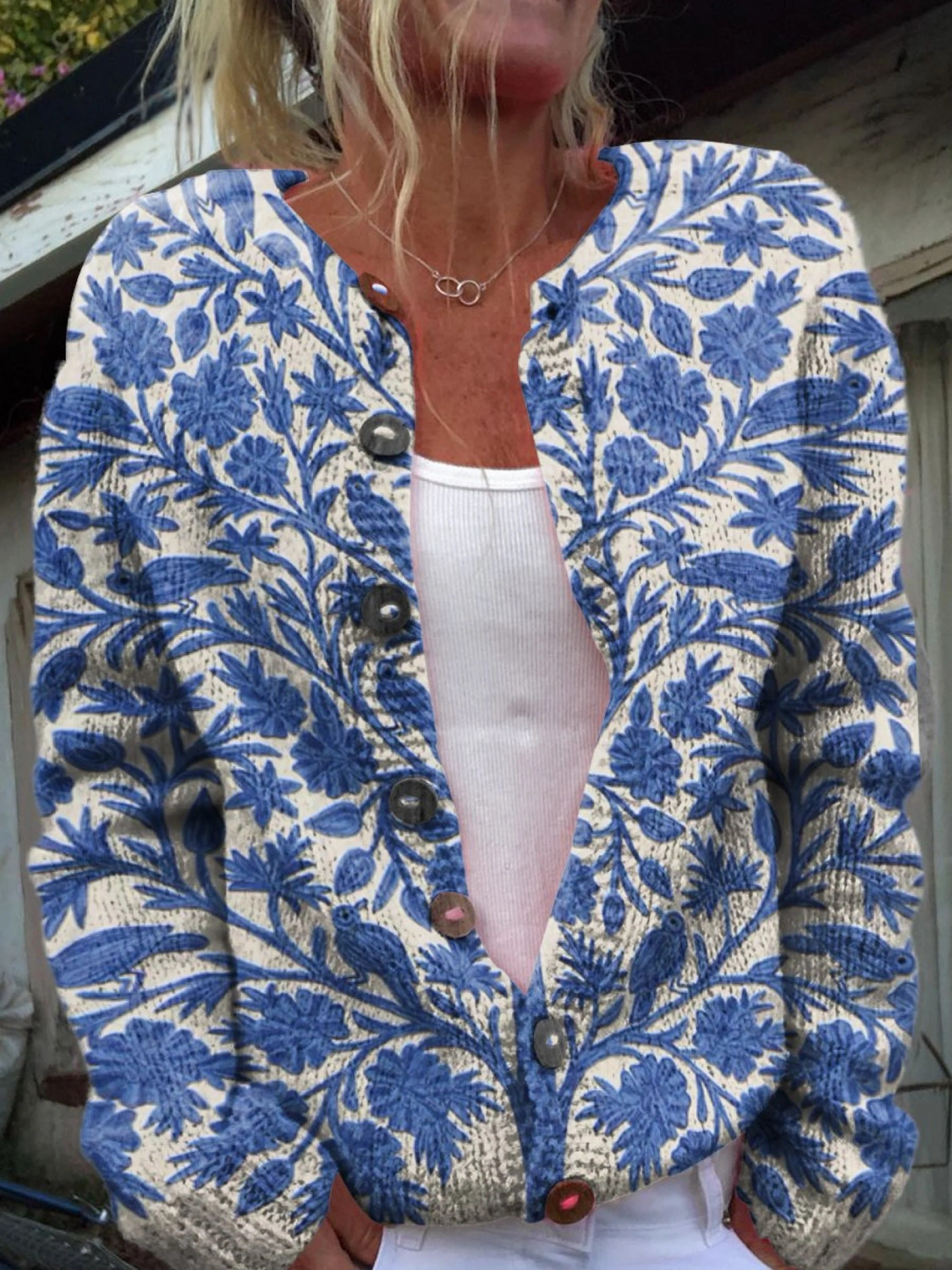 Milava™ Indyjski Artystyczny Kwiatowy Vintage Print Kardigan z Guzikami