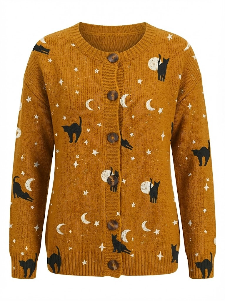 Milava™ Sweter Kardigan z Guzikami w Motyw Czarnego Kota na Halloween