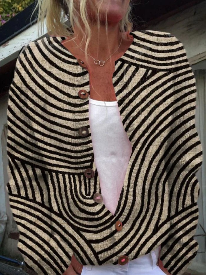 Milava™ Sweter Kardigan z Wzorem Retro Rysowanej Linii z Guzikami