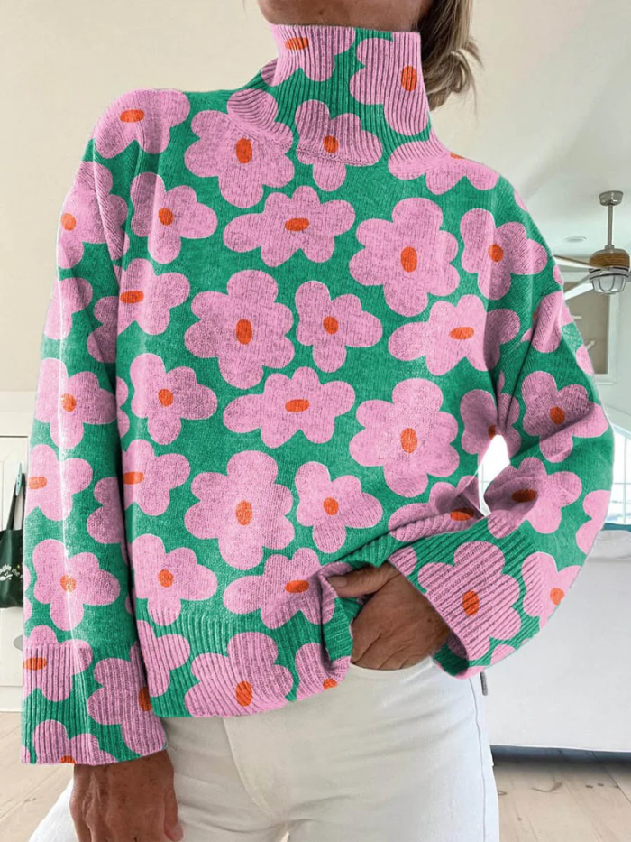 Milava™ Kobiece Urocze Kwiatowe Wzory Sweter z Golfem