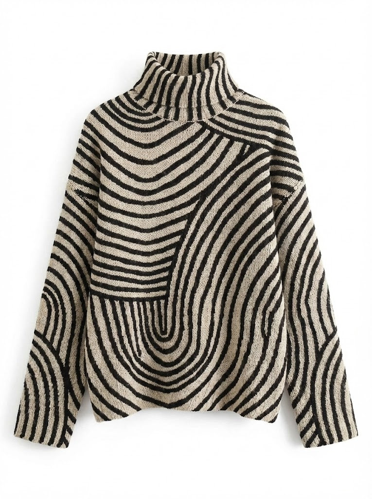 Milava™ Vintage Ręcznie Rysowany Wzór Print Sweter z Golfem