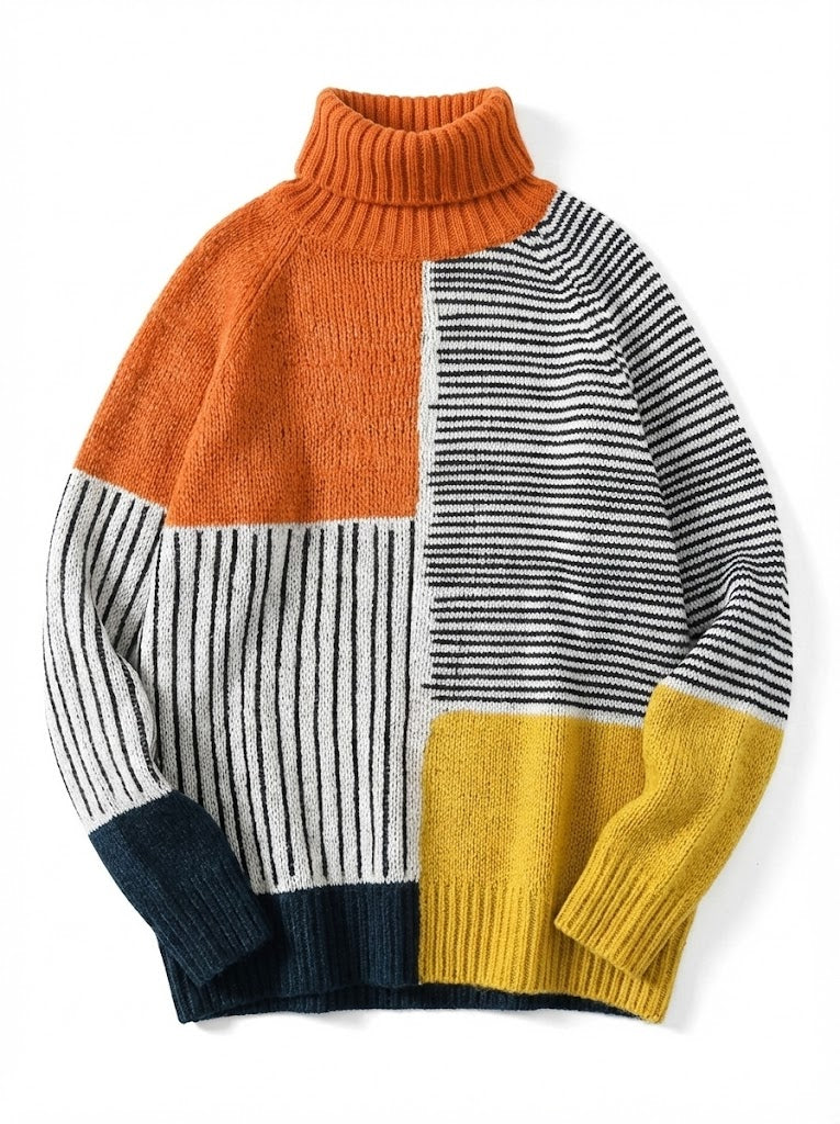 Milava™ Sweter z golfem w kolorowe bloki i dekoracyjny wzór